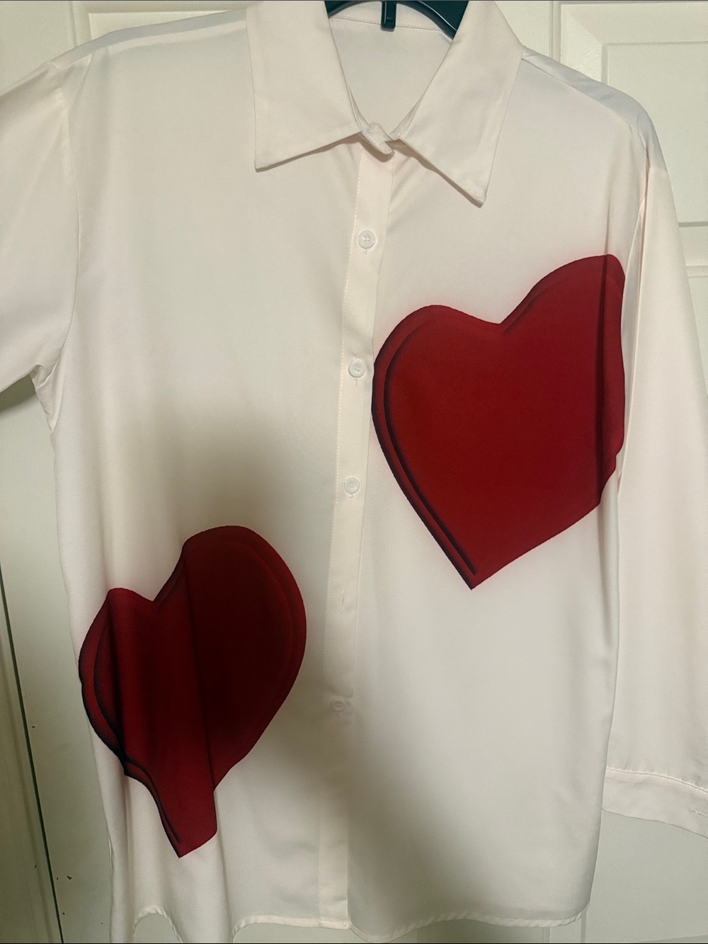 Kids Heart-Print Button-Up Shirt - White with Red Hearts